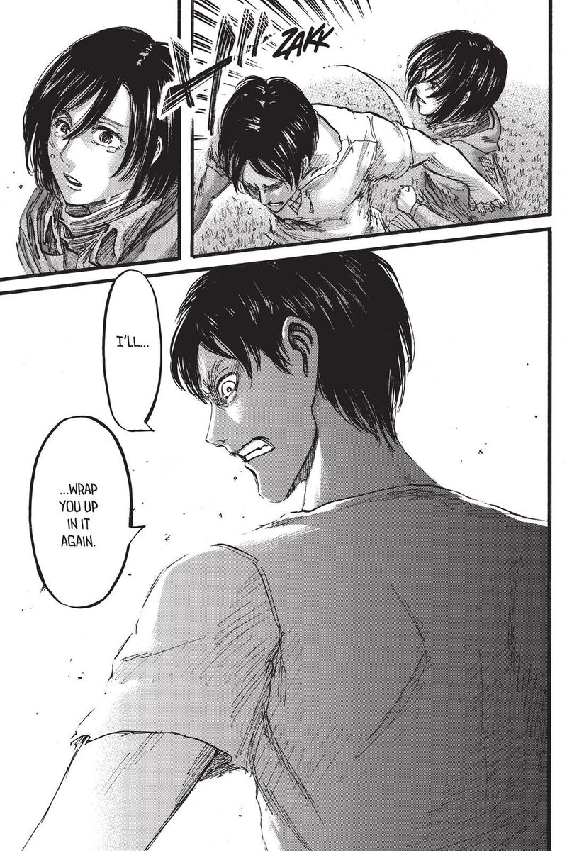 then that moment resulted this. eren was so desperate but after seeing mikasa being all honest and sincere with her feeling. he was so fired up, and i can tell he was also surprised. (i already talked abt this on my eremika bond development thread)