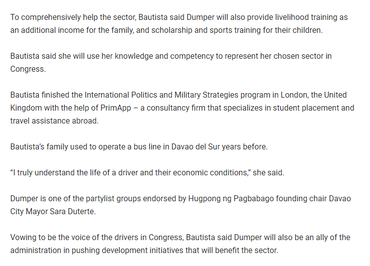 Just like Gabby Lopez, she also studied overseas but in the UK at the prestigious King’s College London under the International Politics and Military Strategies program. https://edgedavao.net/latest-news/2019/05/07/dumper-partylist-vows-protection-of-drivers-commuters/ https://peoplaid.com/2019/12/14/claudine-diana-bautista/