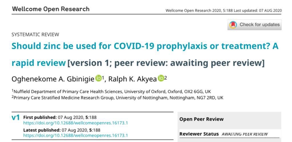 Dr Kome Gbinigie (@komegbinigie) on Twitter photo Wondering why so many people are talking about treating #COVID19 with #Zinc? Is this evidence based? Find out in the rapid review pre-print by myself and <a href="/rkakyea/">Ralph K Akyea</a>: doi.org/10.12688/wellc…
<a href="/OxPrimaryCare/">OxPrimaryCareSci</a> <a href="/WellcomeOpenRes/">WellcomeOpenResearch</a> Wondering why so many people are talking about treating #COVID19 with #Zinc? Is this evidence based? Find out in the rapid review pre-print by myself and <a href="/rkakyea/">Ralph K Akyea</a>: doi.org/10.12688/wellc…
<a href="/OxPrimaryCare/">OxPrimaryCareSci</a> <a href="/WellcomeOpenRes/">WellcomeOpenResearch</a>