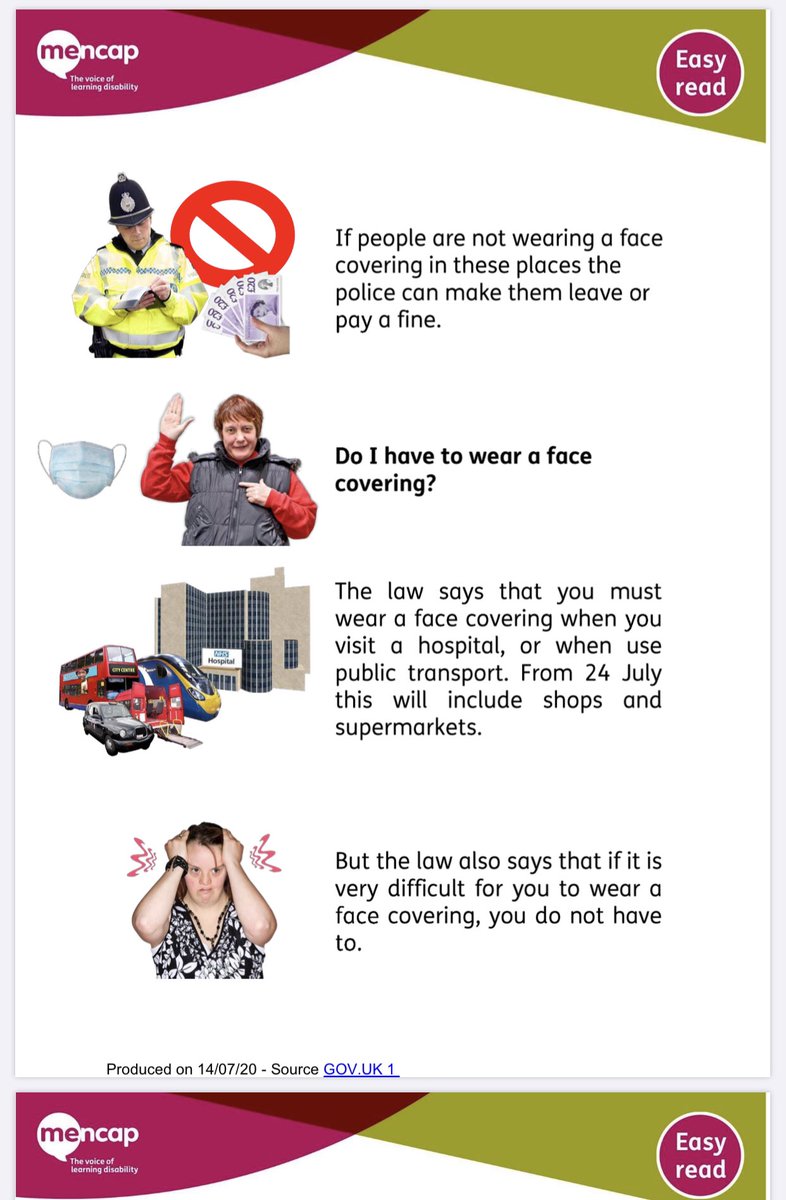  @mencap_charity: The law says that if you have a  #disability and it's very difficult for you to wear a mask, you do not have to. 7/n #EasyRead information from  http://bit.ly/2OykWOn   #COVID  #LearningDisability  #Autism  #FaceCovering