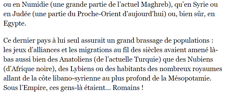Donc là évidemment, on a des rapports causes-conséquences assez curieux : il y a des noirs et des arabes en Afrique et au Moyen-Orient, ce sont des territoires romains, donc c'est censé prouver qu'il y avait des noirs dans l'élite militaire romaine.