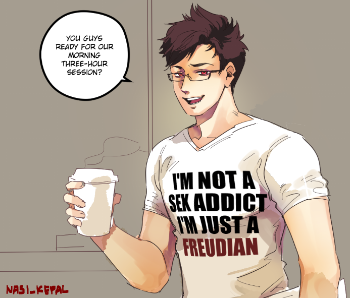gonna regret spending precious time to draw this but. glasses belial as the extremely obnoxious 8AM class lecturer wearing the t-shirt I saw someone wearing in my uni