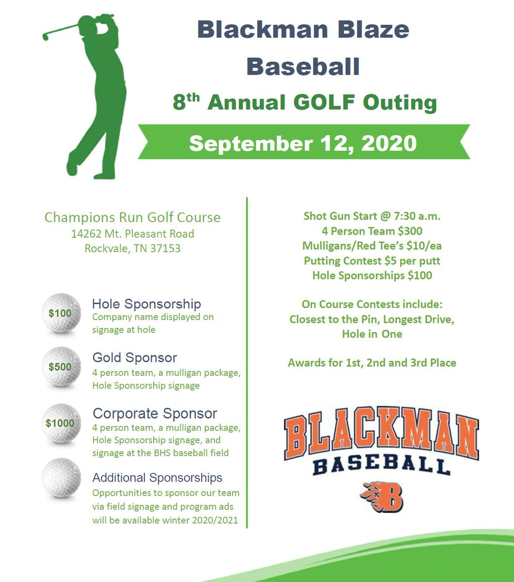 BHSBlazeBaseball (@bhs_blaze_bsbl) on Twitter photo We are 5 weeks away from the 8th Annual <a href="/BHS_Blaze_Bsbl/">BHSBlazeBaseball</a> Golf Outing! ⛳️
Get in touch with a player or shoot us a DM so we can reserve a spot for you.
We also have sponsorships available for the event.
#WeAreBlackman 🔥 We are 5 weeks away from the 8th Annual <a href="/BHS_Blaze_Bsbl/">BHSBlazeBaseball</a> Golf Outing! ⛳️
Get in touch with a player or shoot us a DM so we can reserve a spot for you.
We also have sponsorships available for the event.
#WeAreBlackman 🔥