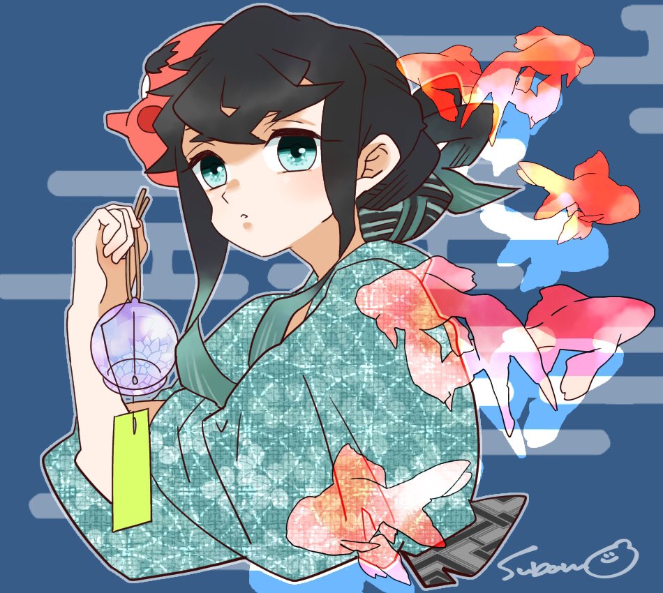 japanese clothes 1boy solo fish goldfish black hair kimono  illustration images