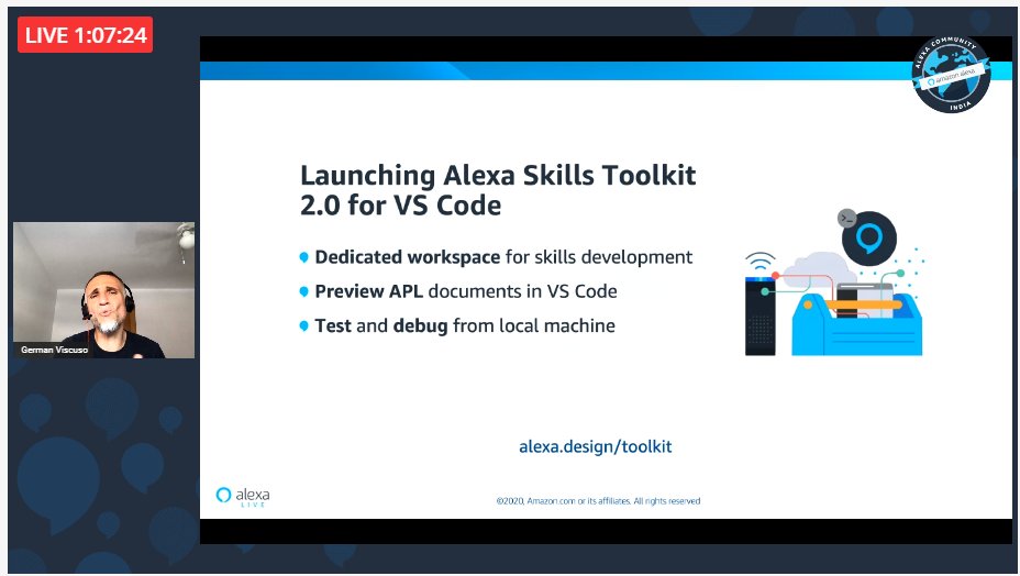 ilan_g's tweet photo. Use Alexa toolk kit of VS Code for doing local debuging.
In addition, for hosted skill switch between developer console and vs code directly very easily.
Few points highlighted @germanviscuso in our launch of @AlexaCMIndia 
@alexadevs  #AlexaCMIndia #Alexa #AlexaEverywhere https://t.co/IXdgLcliZC