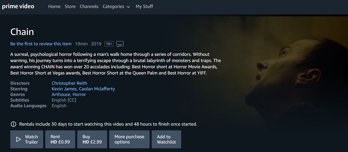 itsKevinJames's tweet image. Delighted to announce that #CHAIN is now available to watch on Amazon @PrimeVideo &amp;amp; @PrimeVideoUK. A surreal, psychological #horror, this short won over 20 awards on the international festival circuit. Please check it out. amazon.co.uk/Chain-Kevin-Ja… #supportindiehorror #indiefilm