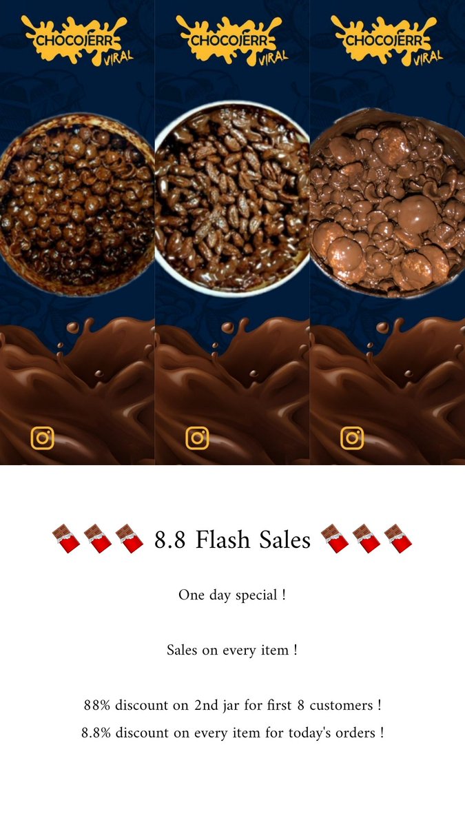 ChocojerA's tweet photo. Chocojar_by_Ateneiyna Special Flash Sales 8.8 for our lovely followers 😍🍫

💎 88% discount on 2nd jar for first 8 customers !

💎 8.8% discount for today's orders ! https://t.co/3ICD4KvNWY