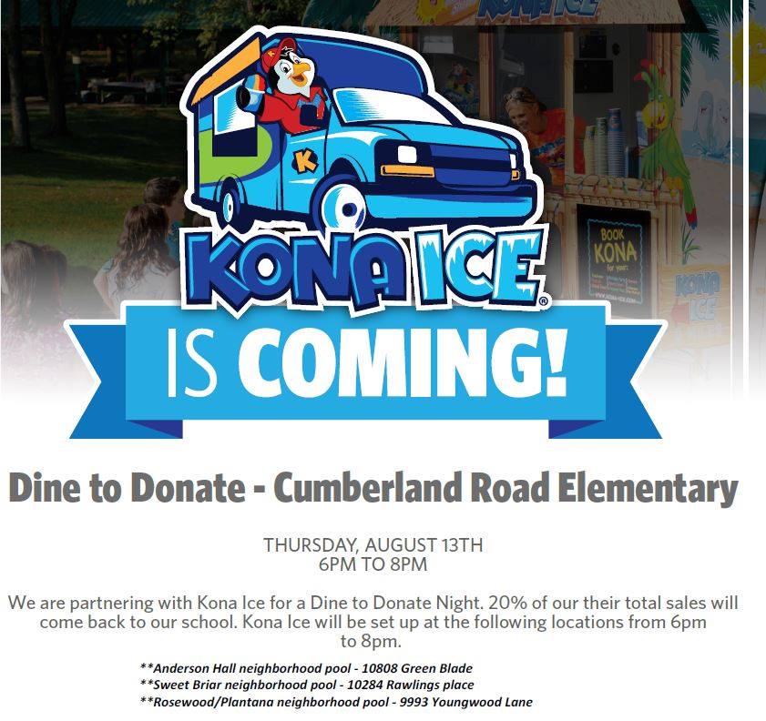 Join us this Thursday from 6pm-8pm at 3 Kona Ice truck locations to support CRE!  Please share!