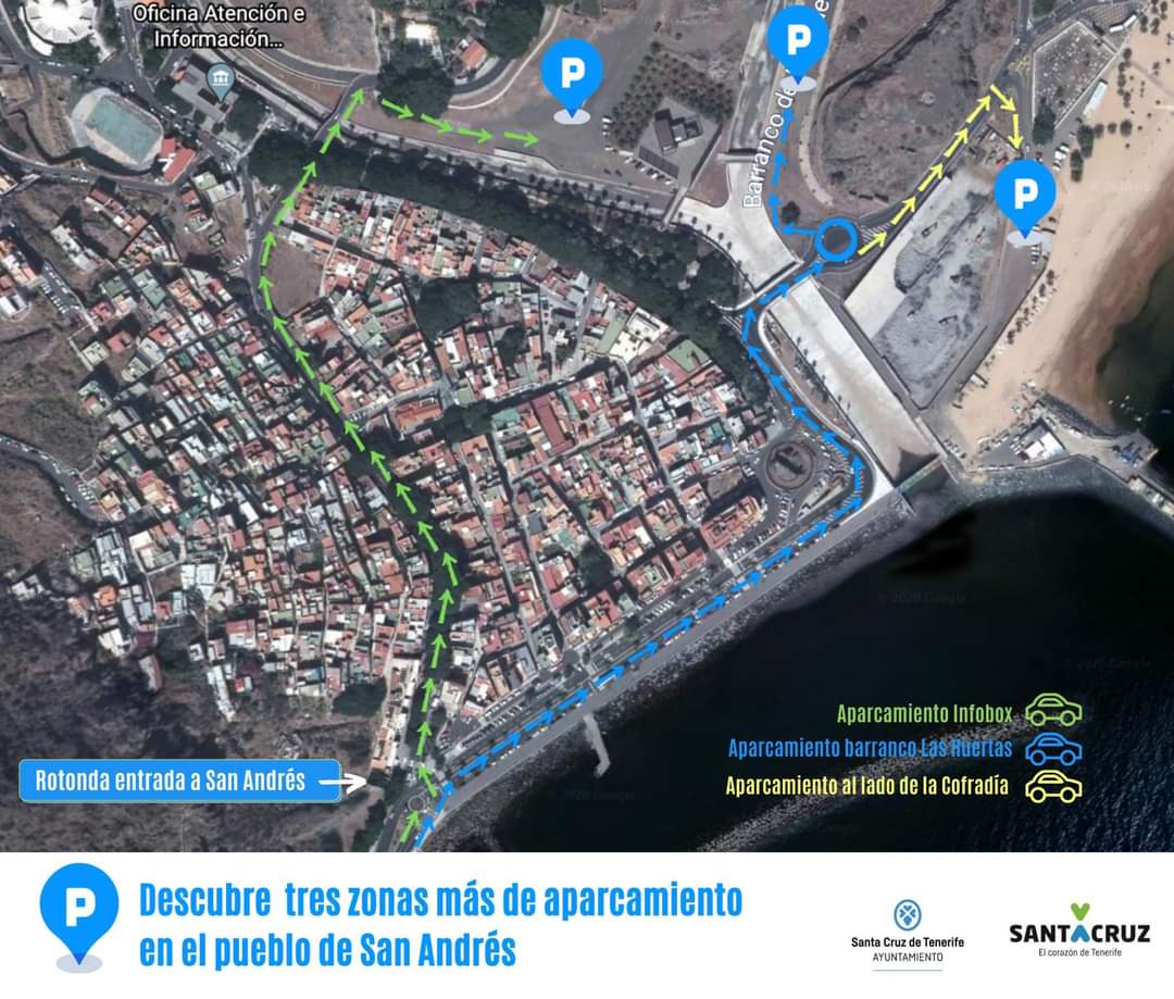 Trantf's tweet photo. El @santacruz_ayto promociona, una vez más, el coche para acceder a San Andrés, utilizando descampados y aparcamiento de edificios públicos como aparcamientos.

La nueva-vieja política de movilidad mientras siguen sin dar prioridad a la guagua. https://t.co/EbHnDRKQhq
