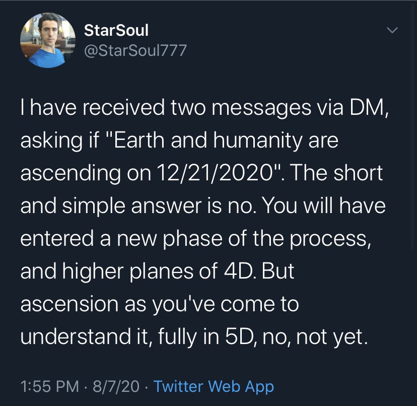 Let me introduce you to the new conspiracy theory merging Q/New Age “Ascension”/Ufology. The Q people are absolutely gobbling it up. This account claims to be a “StarSeed” in contact w/the “Galactic Council.” The aliens are coming to deal with the “Deep State.” 15k followers.