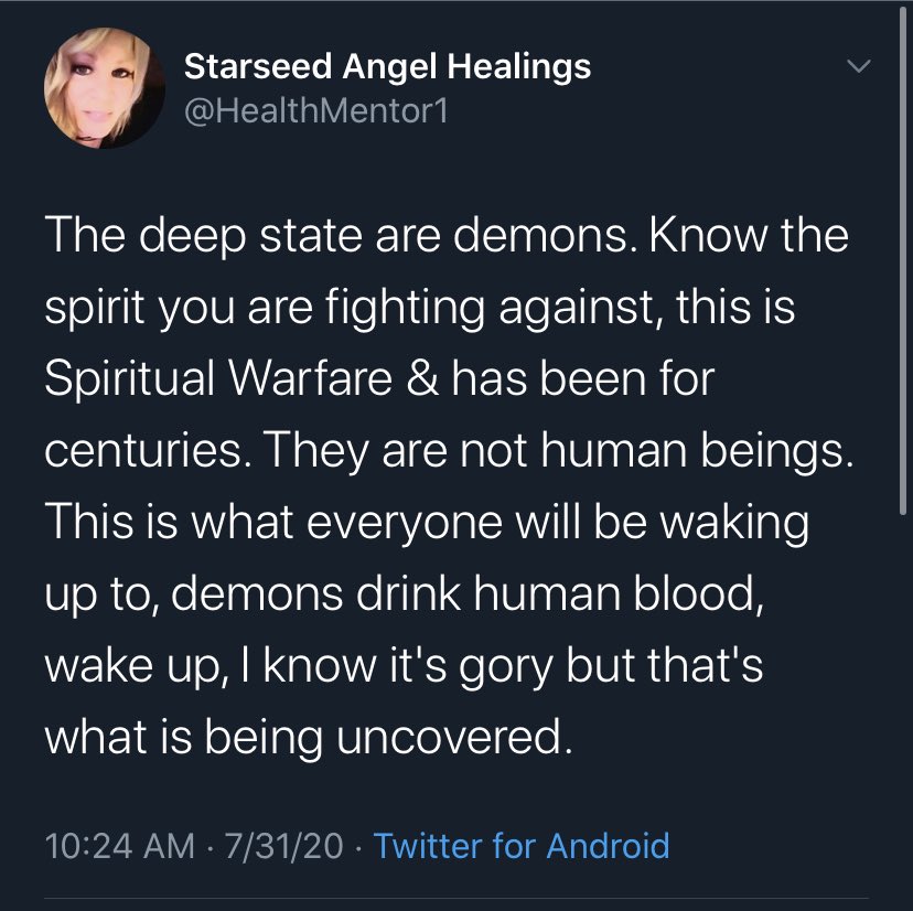 Let me introduce you to the new conspiracy theory merging Q/New Age “Ascension”/Ufology. The Q people are absolutely gobbling it up. This account claims to be a “StarSeed” in contact w/the “Galactic Council.” The aliens are coming to deal with the “Deep State.” 15k followers.