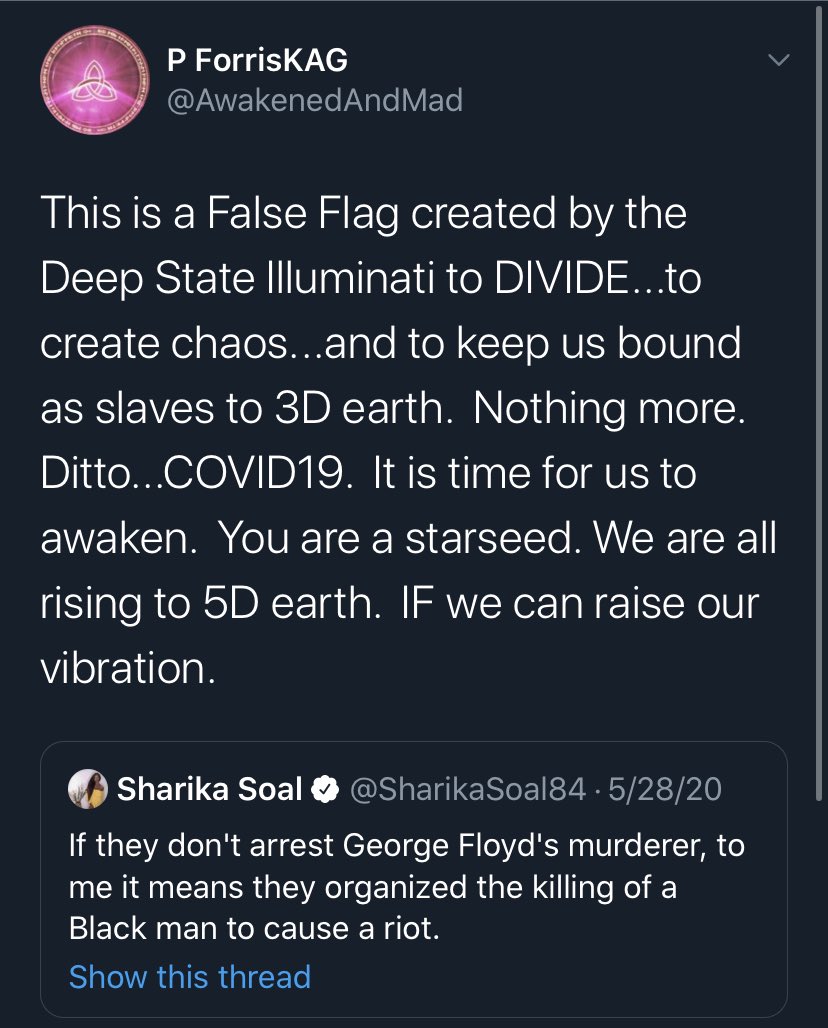 Let me introduce you to the new conspiracy theory merging Q/New Age “Ascension”/Ufology. The Q people are absolutely gobbling it up. This account claims to be a “StarSeed” in contact w/the “Galactic Council.” The aliens are coming to deal with the “Deep State.” 15k followers.