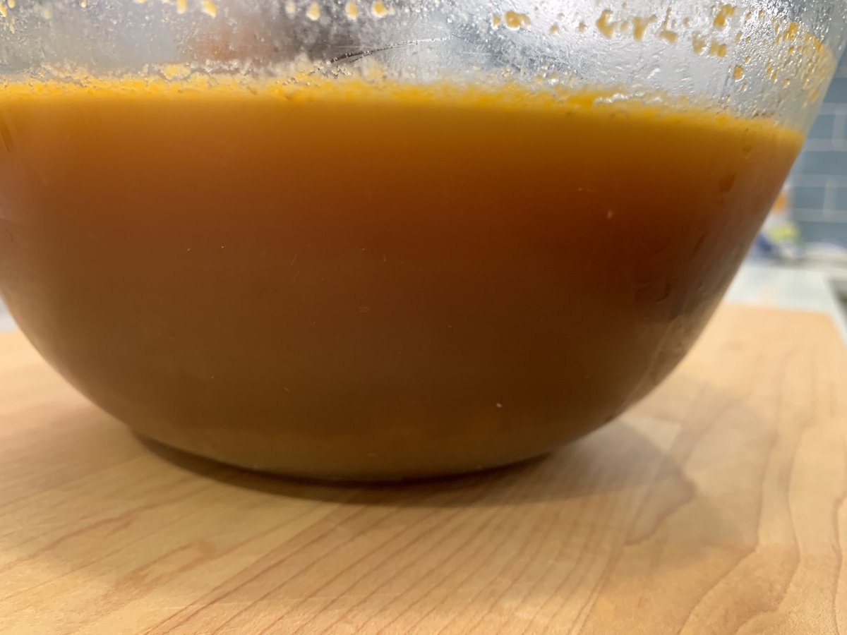 Day three. All the fat has risen to the surface where it can be easily scraped off! The excitement never stops!