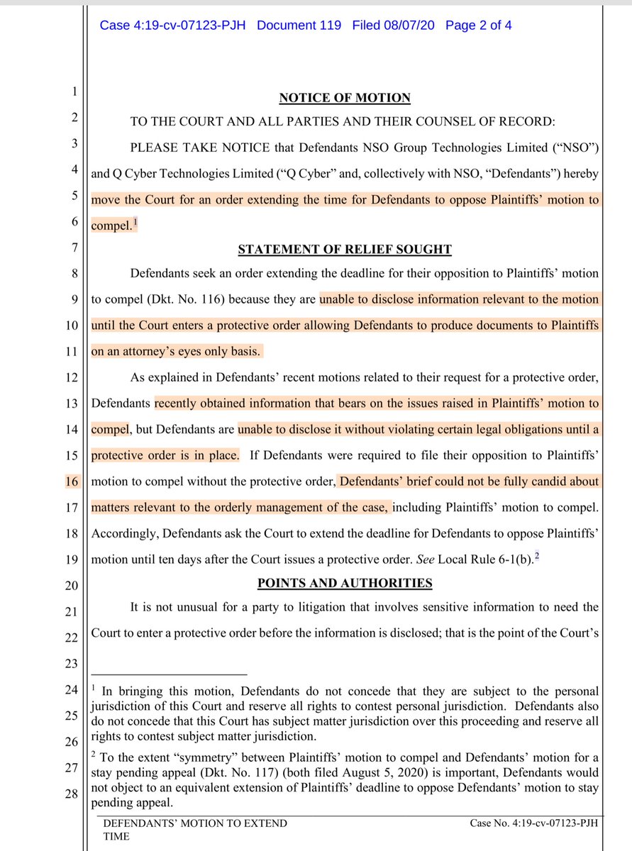 Keep in mind that the Defendants have engaged in an incomprehensible amount of subterfuge.I can actually see the Plaintiffs POV re NSO “self determined stay” of discovery.And then using this “urgent info” as a dangle for a new & materially clawed back PO https://ecf.cand.uscourts.gov/doc1/035019582610?caseid=350613