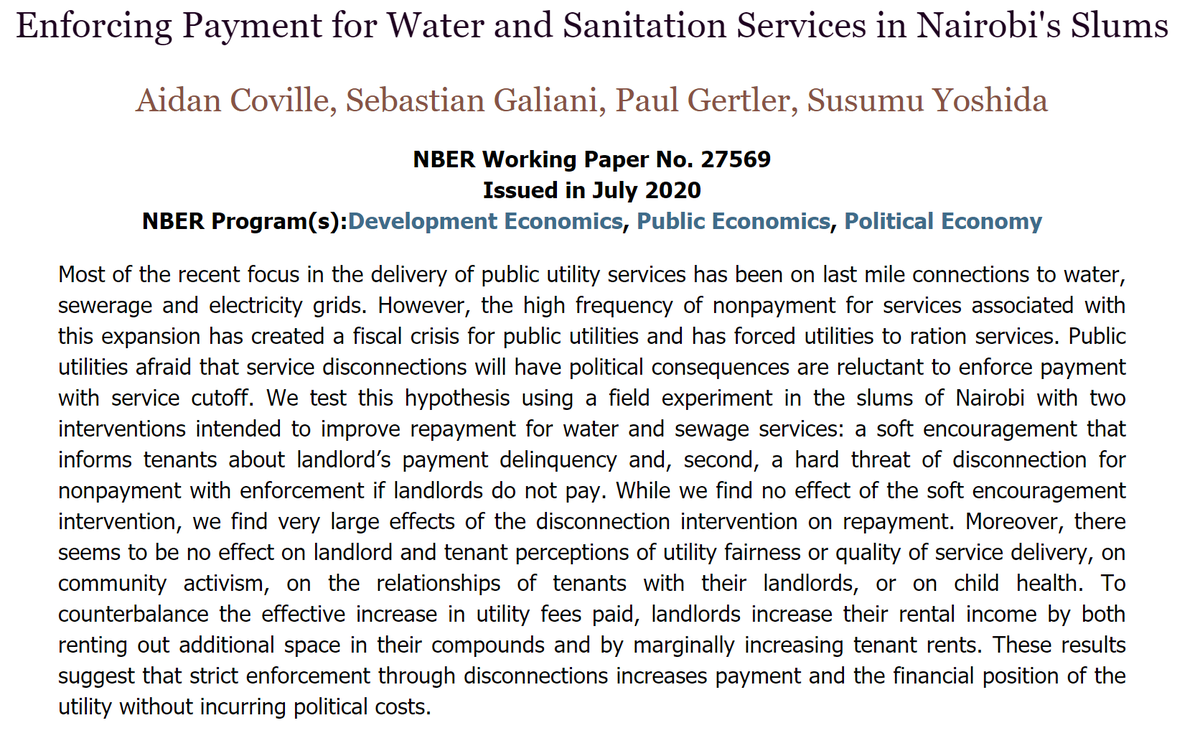 This is outrageous - an RCT cutting off water to tenants in Nairobi "slums" to see if it induces their landlords to pay the utility bill. And reading the paper just makes it worse.(1/9) https://www.nber.org/papers/w27569 