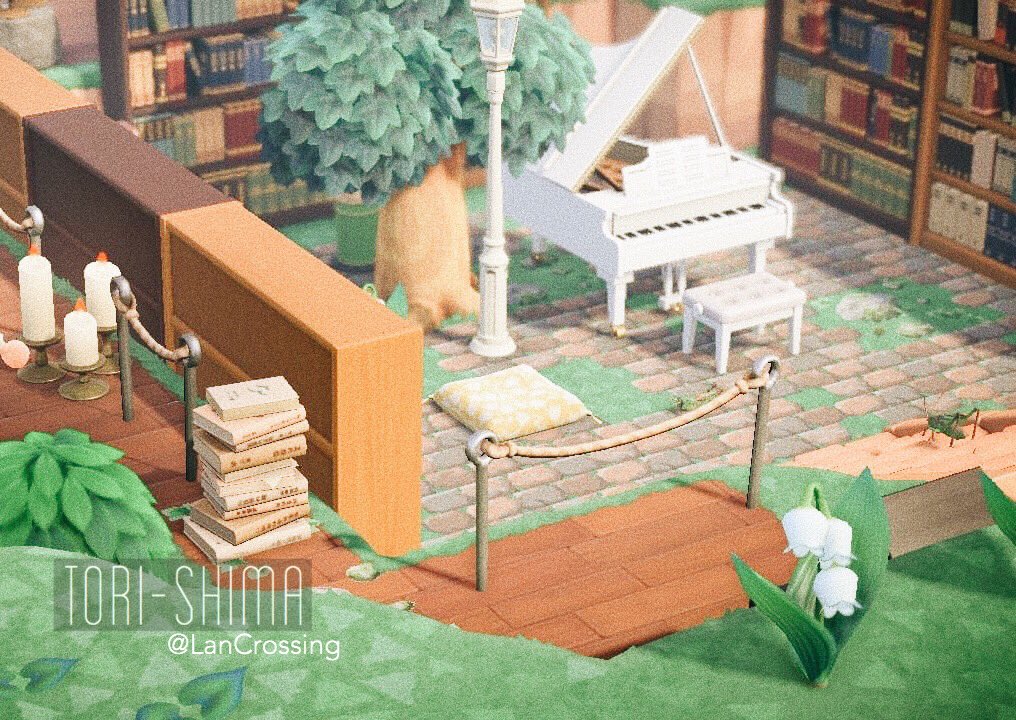LanCrossing's tweet photo. An overgrown library. Tori-shima was named after Japan’s bird island because I’d intended on having only Ostrich villagers. I’ve since changed my mind, but have no power to change my island’s name 😞 #ACNH #AnimalCrossingNewHorizons #ACNHDesign https://t.co/66eJkWO3er