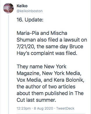 24. I deleted tweet #16 because I realized that I misstated that both Bruce Hay and the Shumans filed their lawsuits on the same day. Screenshot & archive of tweet. for transparency. Correction below.  https://archive.vn/57Wuv 