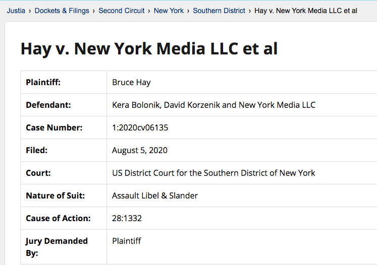 25. Although Hay’s complaint is dated 7/21/20, the same day the Shumans filed, Hay v. New York Media LLC et al was not filed until 8/5/20.  https://dockets.justia.com/docket/new-york/nysdce/1:2020cv06135/541599