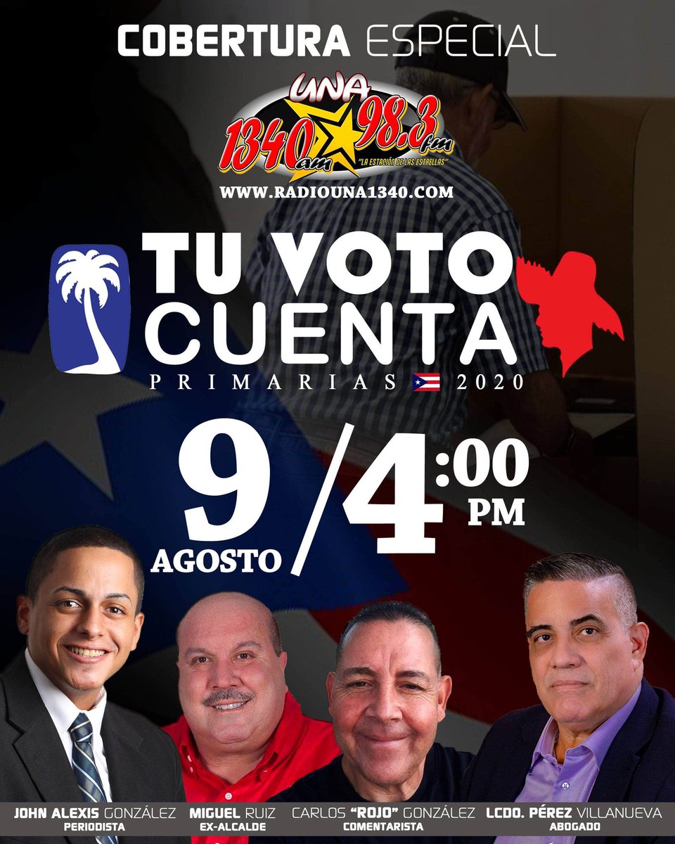 JAlexisPR's tweet photo. Te espero mañana desde las 4pm #TuVotoCuenta #Primarias2020 por Una 1340Am, 98.3Fm y https://t.co/OGStVK1LxL https://t.co/20aBkmoBMh