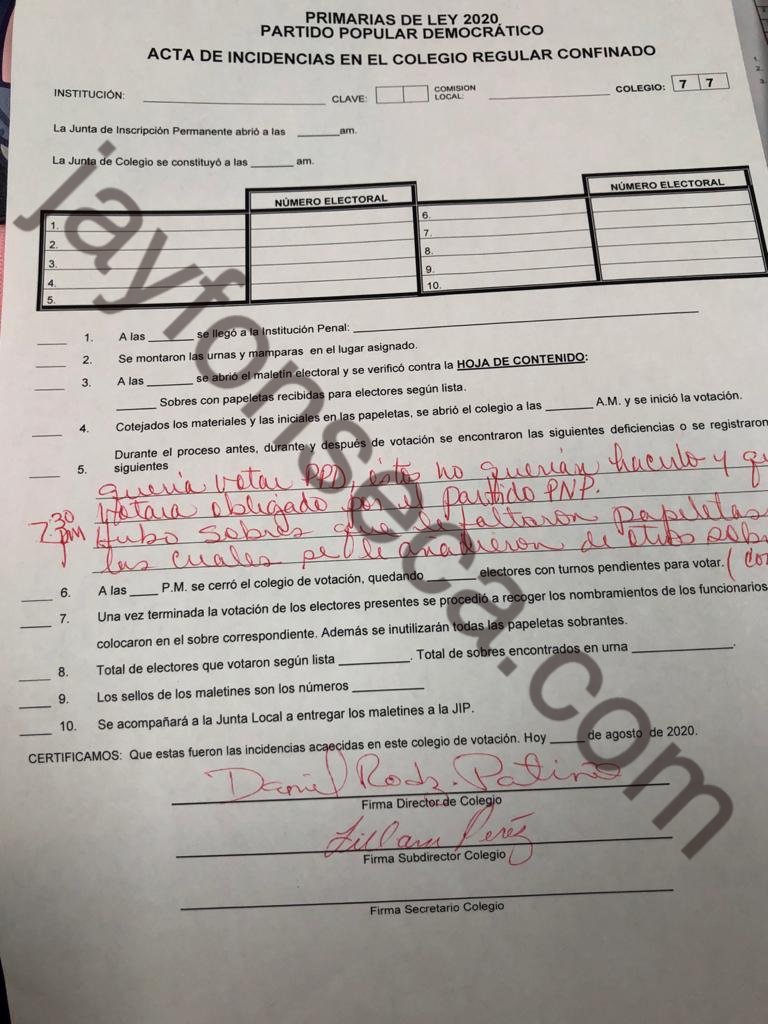 jayfonsecapr's tweet photo. OBLIGARON A RECLUSOS A VOTAR EN PRIMARIA PNP Y POR WANDA VÁZQUEZ, YANITSIA IRIZARRY Y HÉCTOR MARTÍNEZ- Gente, ¡esto es un escándalo! Funcionarios dicen se obligó a confinados a votar PNP, aunque querían votar PPD. Le ofrecieron TV y visitas. Vea el acta: https://t.co/jzoLxA2633