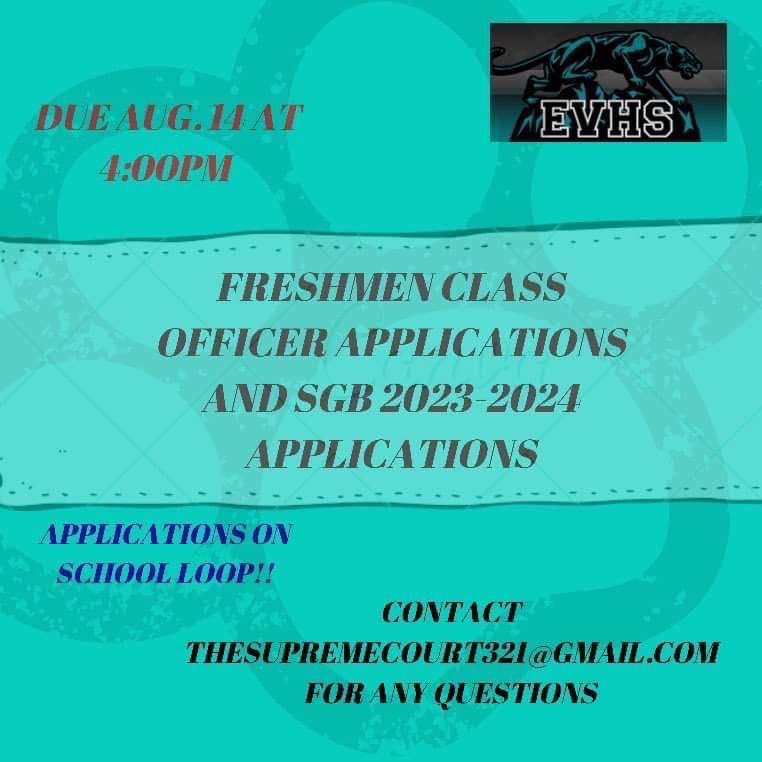 evhspride's tweet photo. FRESHMEN! Officer and Student Governing Board applications are now open on schoolloop! By applying, you can be more involved in our school and represent your class! Both applications are due August 14 at 4 P.M. https://t.co/62G9oSpmzI