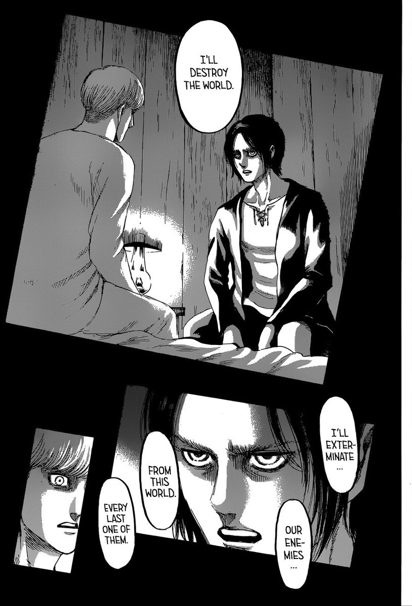 During chapter 130, Eren talks to Floch and Historia about using the rumbling to destroy the world/civilisation and that this is the only way to put an end to, ‘the cycle of hatred’. (Yet another motivation). He also says that he wishes for his friends to live happy lives.