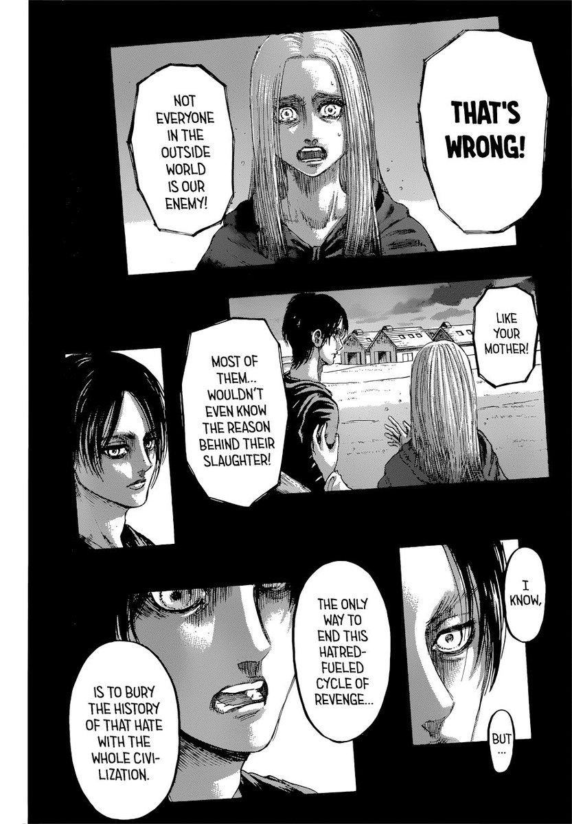 During chapter 130, Eren talks to Floch and Historia about using the rumbling to destroy the world/civilisation and that this is the only way to put an end to, ‘the cycle of hatred’. (Yet another motivation). He also says that he wishes for his friends to live happy lives.