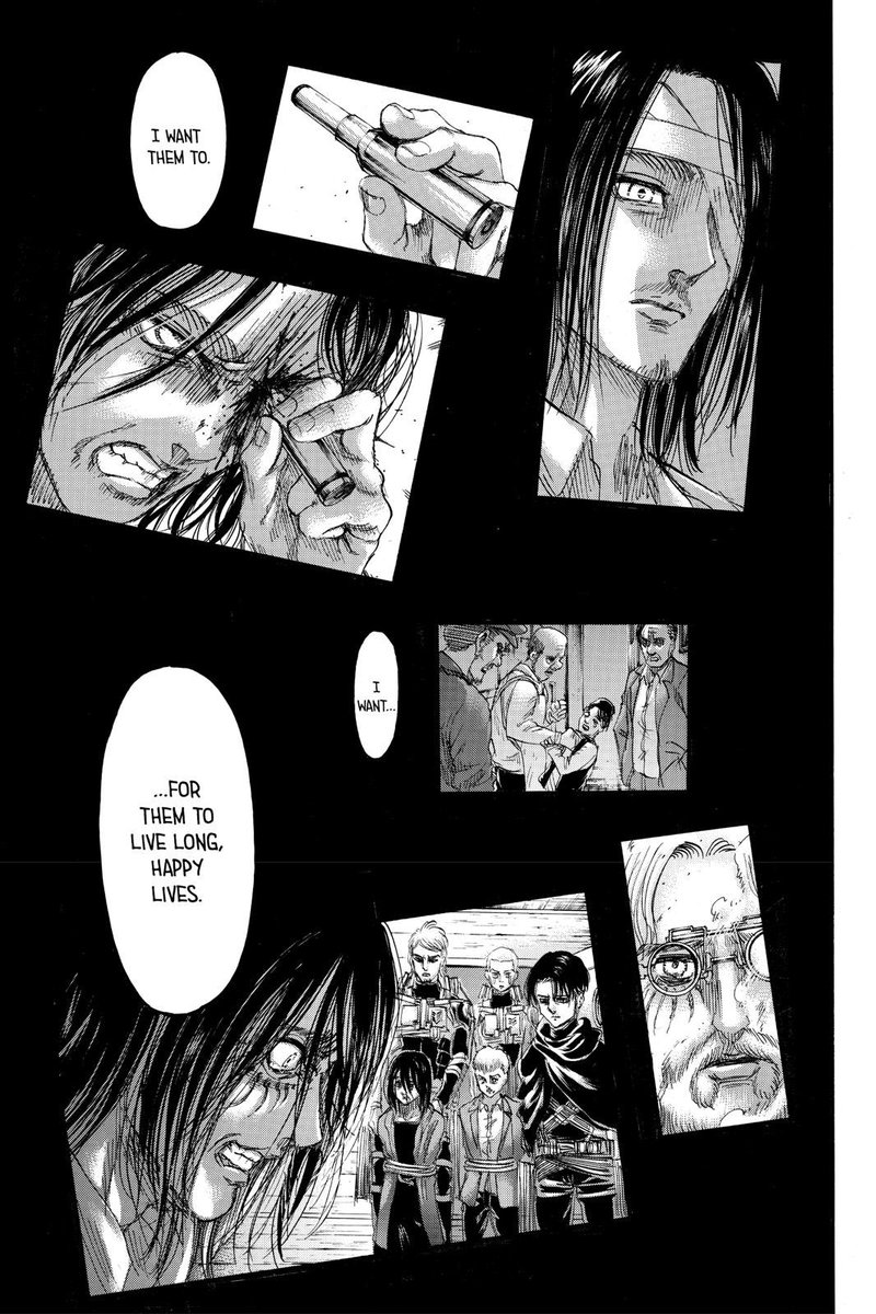 During chapter 130, Eren talks to Floch and Historia about using the rumbling to destroy the world/civilisation and that this is the only way to put an end to, ‘the cycle of hatred’. (Yet another motivation). He also says that he wishes for his friends to live happy lives.