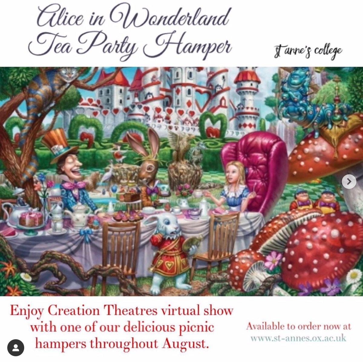creationtheatre's tweet photo. Do the words "theatre" and "picnic" excite you?
If the answer is yes, the Palace Cooks at @StAnnesCollege have you covered!
Order Alice picnic here: https://t.co/3Zp71lFVZA
Book Alice: https://t.co/mJGPkbDOHg
01865 766266
#CreationAlice #immersivetechnology #interactiveexperience https://t.co/n2xgDhocSA