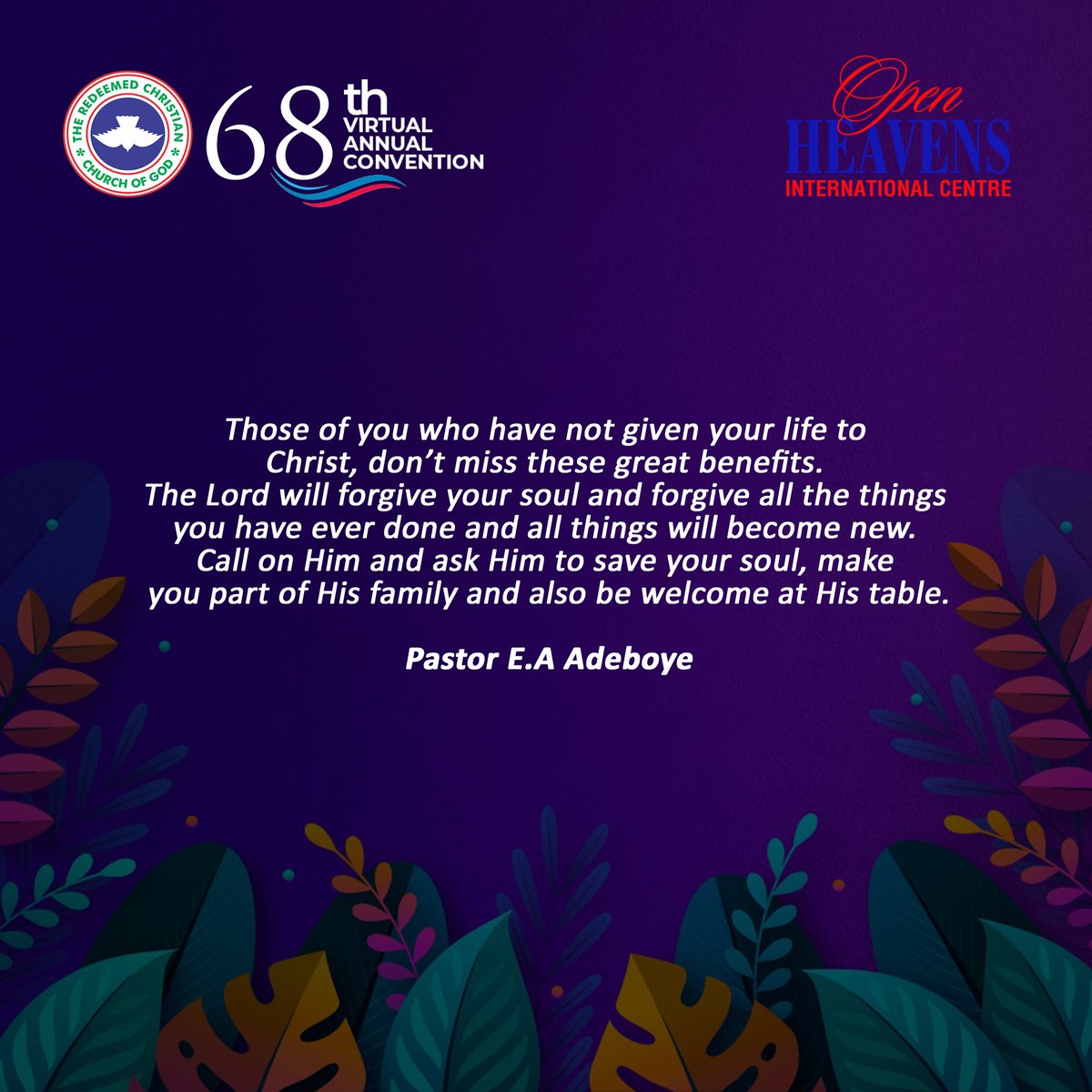 OpenHeavensINTL's tweet image. Altar call| The wonders of the Lord's table. Ministration by @PastorEAAdeboye

YouTube link
youtu.be/B3cdRpqkOsU

Facebook link
facebook.com/OpenHeavensIC/…

#Ministration
#openheavensinternationalcentre  
#RCCGannualconvention2020
#TheWondersOftheLordstable
#WondersOftheLordstable