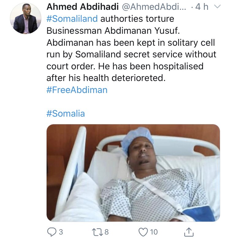 August 2020 : Famous businessman Abdinanan Yusuf is being illegally imprisoned without any court order by Somaliland dictatorship regime. Latest report is indicating his health is seriously deteriorating in solitary confinement. #SomalilandDictatorship  #Somaliland