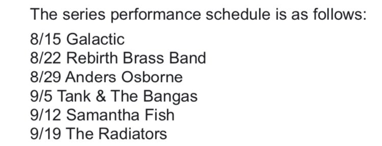 CWatkins_TV's tweet photo. .@Tipitinas announced a 6-week web concert series! It airs every Saturday night from August 15 - Sept. 19. Tickets are available for $11.99 per show or $49.99 for the full series subscription.
Here’s the performance schedule ⤵️ @wdsu https://t.co/JwVudoymz6