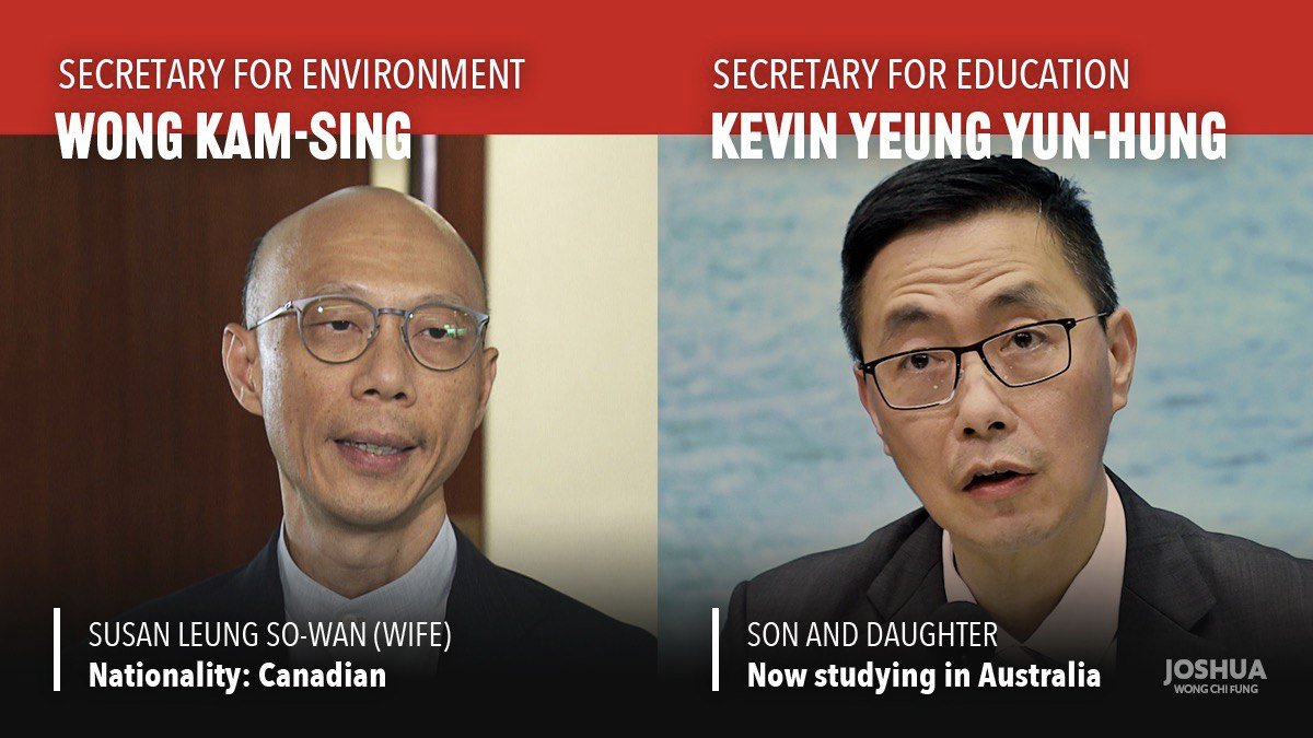 Secretary for SecurityJohn Lee Ka-chiuWife｜Nationality: British Two Sons｜Nationality: British Secretary for EnvironmentWong Kam-singSusan Leung So-wan (wife)｜Nationality: CanadianSecretary for EducationKevin Yeung Yun-hungSon and daughter｜Now studying in Australia