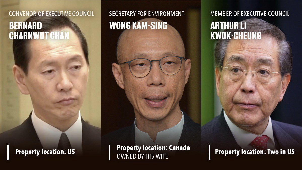 Convenor of Executive CouncilBernard Charnwut ChanProperty location: USSecretary for EnvironmentWong Kam-singProperty location: Canada, owned by his wifeMember of Executive CouncilArthur Li Kwok-cheungProperty location: Two in US