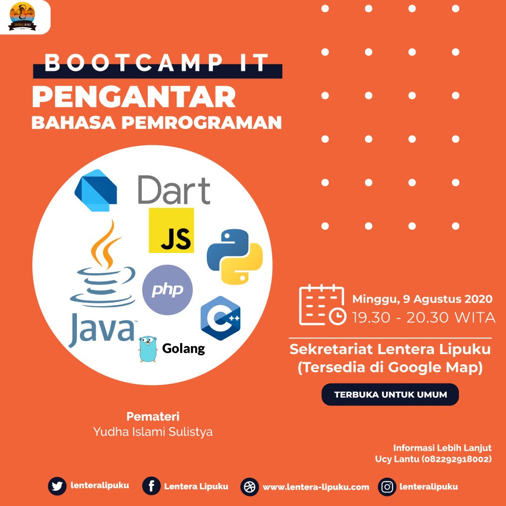 lenteralipuku's tweet image. Assalamualaikum Warahmatullahi Wabarakatuh 🙏

Lentera Lipuku mengadakan Bootcamp IT dengan mengangkat materi dasar mengenai pengantar bahasa pemrograman 🔥🔥🔥🔥🔥

#bootcampit #lenterait #pengantarpemrogaman #belajardarinol #lenteralipuku #ampanaberpikir #ampanapunyaide