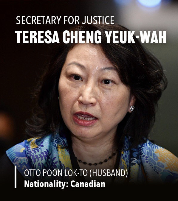 Financial SecretaryPaul Chan Mo-poFrieda Hui Po-ming (wife)｜Nationality: UK James Chan Tian-hsing (son)｜Nationality: UKJoyce Chan Tian Yan (daughter)｜Nationality: UKSecretary for JusticeTeresa Cheng Yeuk-wahOtto Poon Lok-to (husband)｜Nationality: Canadian