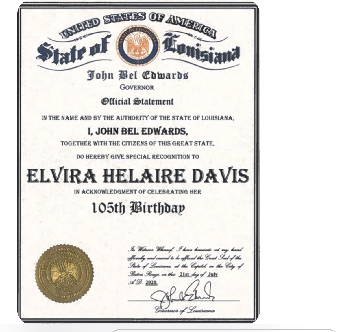 Ydstrong's tweet photo. https://t.co/vI7CMgqqfz via @FacebookWatch Today my 105 year old grandmother, Ms. Elvira Helaire Davis, was recognized by the Governor of Louisiana, John Bel Edwards, the Mayor of Shreveport, LA, and other local City Officials!  Check out the street sign &amp; the official statement! https://t.co/4k5np82GAf
