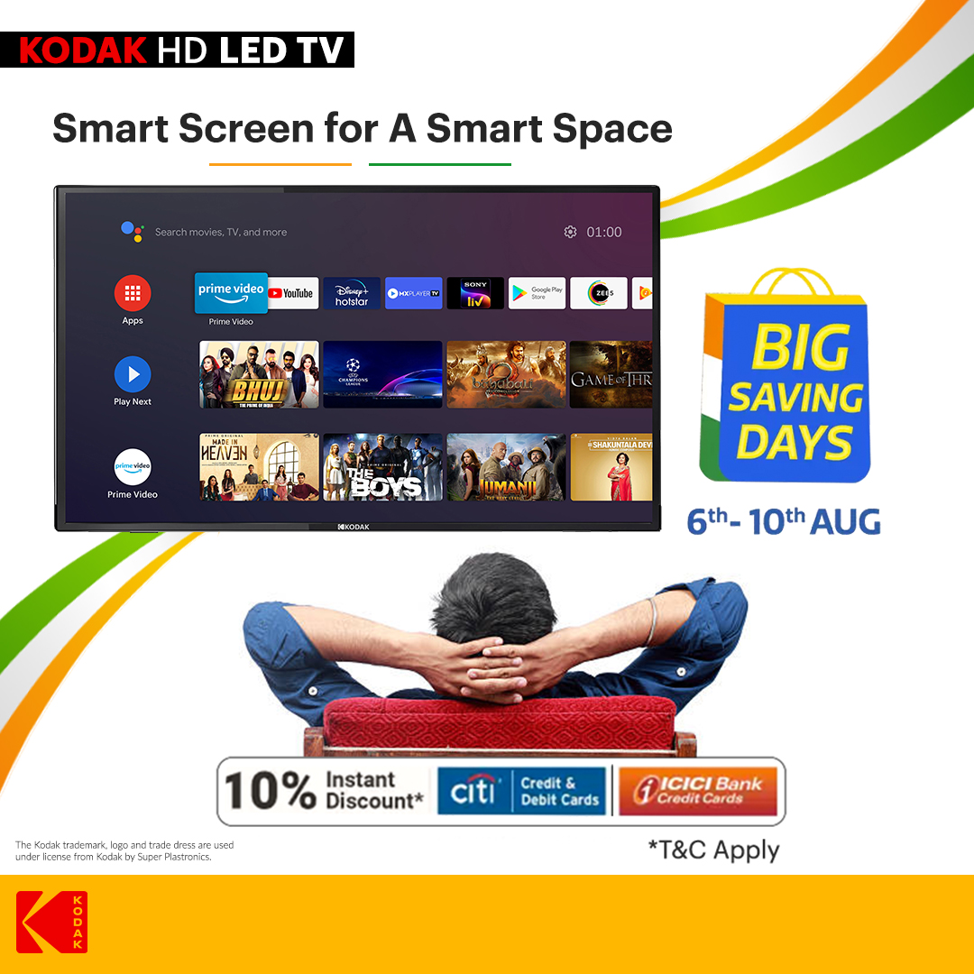 kodaktvindia's tweet image. Make your small space spaces smarter by adding the smart viewing experience with the 32” Kodak 7XPro Android TV. Check out the amazing #BigSavingsDays deals - bit.ly/Kodak7XPRO32

#KodakAndroidTV #Kodak #SmartTV #MadeInIndia #LocalManufacturing #IndianTV