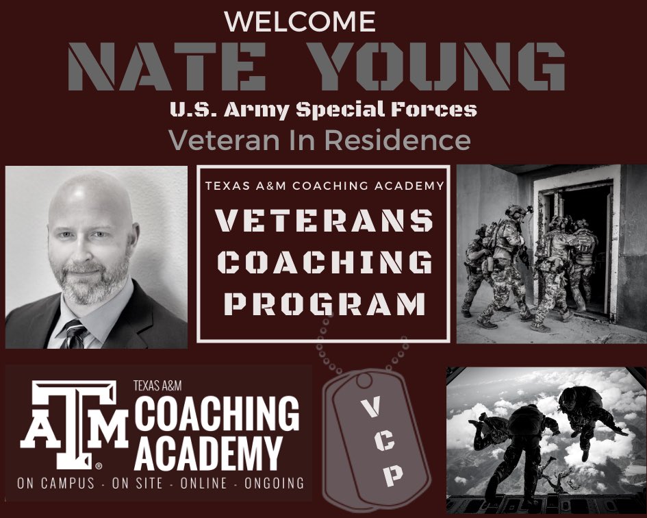 texas_coaching's tweet photo. Welcome Nate Young to the @TAMU @texas_coaching family! Nate is a Vet in residence - part of the #VetsCoachingProgram. As a career @USArmy #SpecialForces Soldier - Nate knows how to coach. He’s pursuing his Masters in Kinesiology. Goal is to become a S&amp;C coach. #Coachemup #GigEm https://t.co/64zaFuQw6p