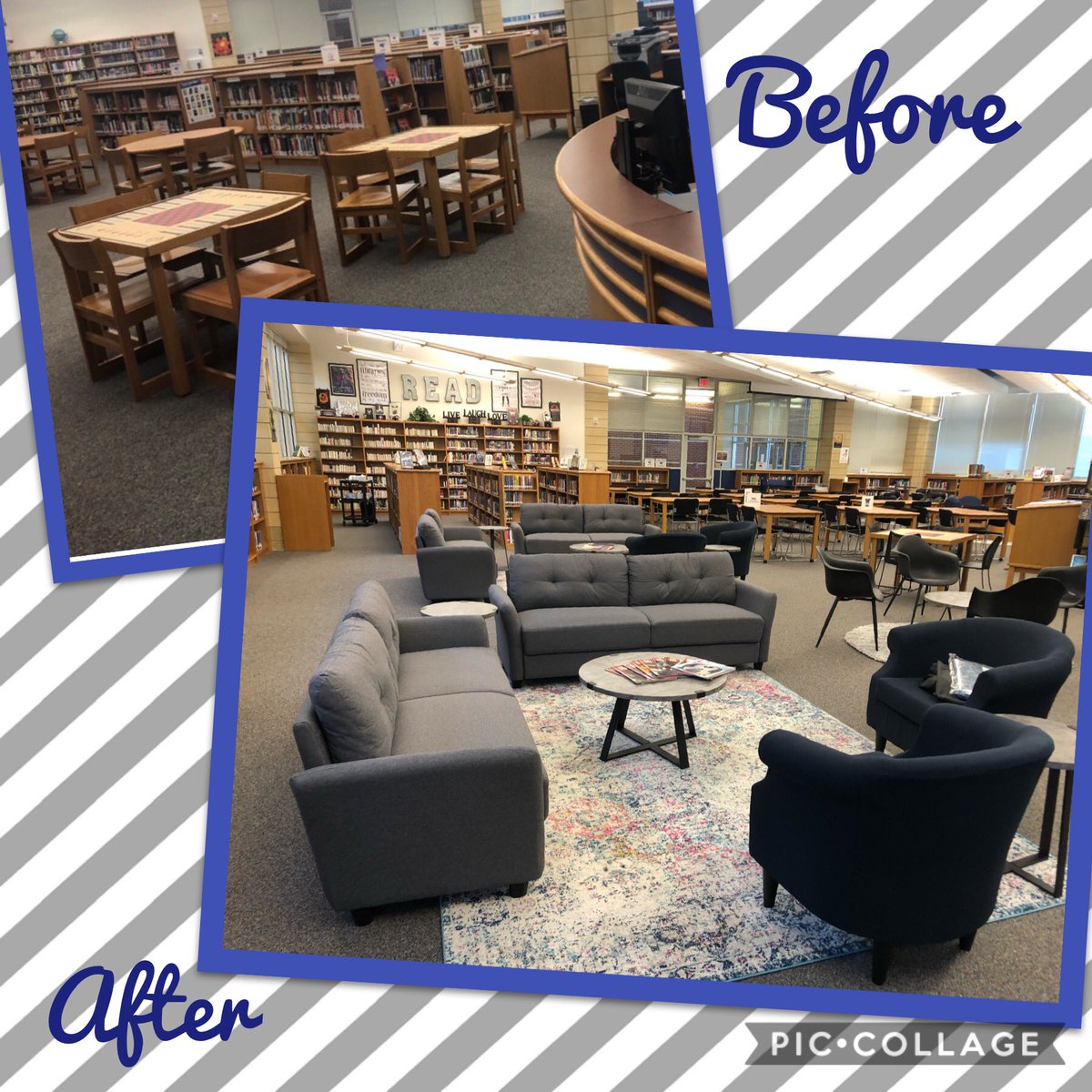 whiteleyreads's tweet photo. I finally revealed the redesign of @hebron9th library space to our staff &amp; I LOVED seeing their smiling faces (well, eyes) &amp; brainstorming new ways to use the space! Now, #COVID go away, so the Ss can come back! 😃💙😃💙 https://t.co/3IcWGjWc9Q