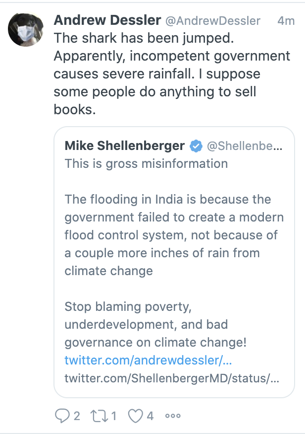 The "scientist" who tweeted that apparently believes that those floods are due to heavy rainfall rather than the lack of flood control! Hey  @AndrewDessler are you seriously saying that if they had flood control like you have in Texas, they will would have had that flooding?