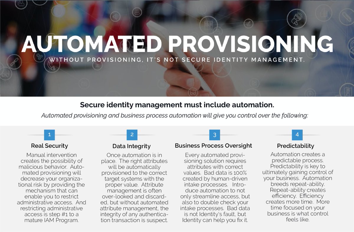 FischerIdentity's tweet image. Without automated provisioning, it&apos;s not secure identity management. #AutomatedProvisioning and business process automation will give you control over real security, data integrity, business process oversight, and predictability. 

#SolutionSaturday #IAM #IGA