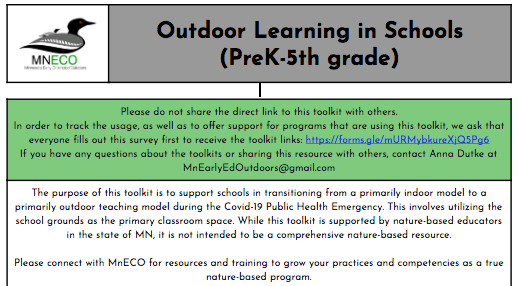 ADutke's tweet photo. #MnECO's toolkit for supporting elementary schools in incorporating #OutdoorLearning is ready! If you need support on doing outdoor learning when you reopen, you can request the FREE resource here: https://t.co/MNgIDwNq28 #SaferOutside #EnviroEd #MnLEAD https://t.co/o6WSXFdAro