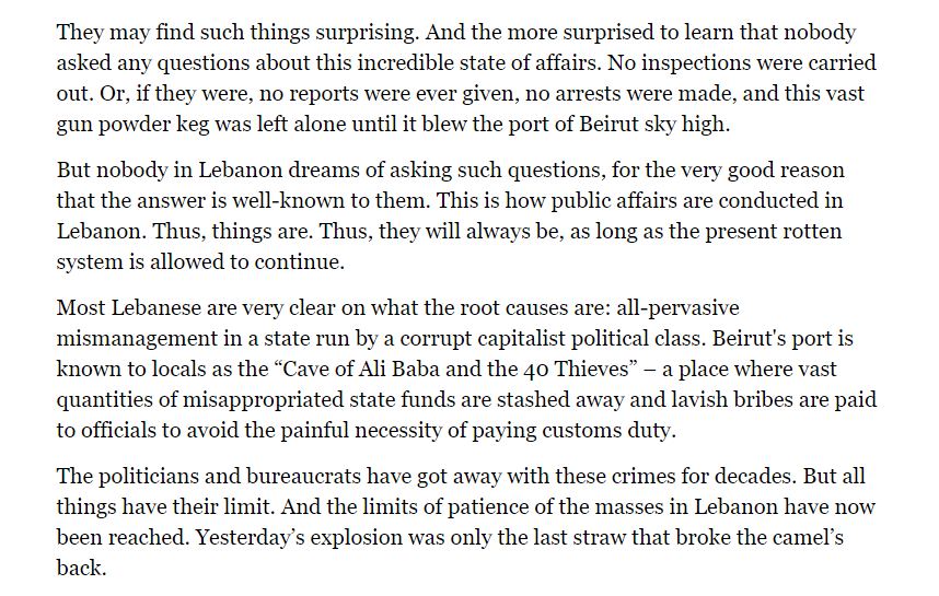 Many in Lebanon consider the government and the authorities responsible for the Beirut harbour blast, after decades of corruption and criminal negligence  https://www.marxist.com/lebanon-beirut-explosion-rocks-corrupt-regime.htm