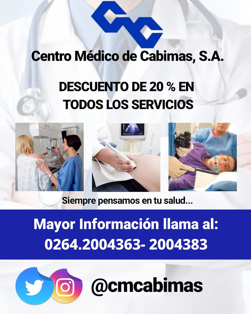 CMCabimas's tweet photo. Con la misma calidad que tú te mereces en nuestros servicios.
Mantenemos nuestro 20% de descuento.💰💳💵
Información de Precios: ☎️
0264.2004150
0264.2004363
Feliz fin de semana.!! ✨ #prevencion
#rayosx #ecogramas #laboratorioclinico #tomografias #mamografias #cmc #Venezuela https://t.co/4qdvc09fFS