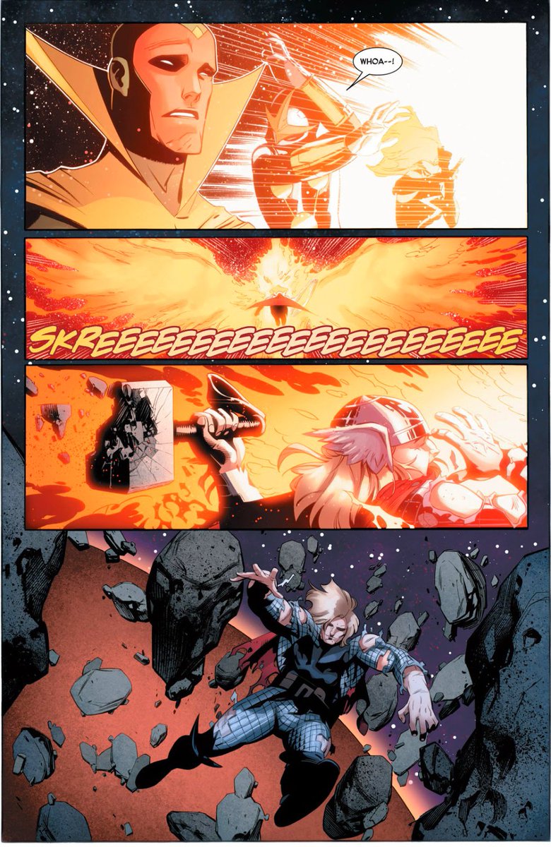 Thor at his base form without fear , took the fight to the Phoenix Force and with a massive strike knocked out it out. Thor attacked the embodiment of life & death weakened it? ... Power!