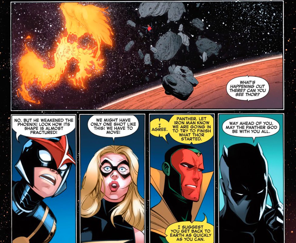 Thor at his base form without fear , took the fight to the Phoenix Force and with a massive strike knocked out it out. Thor attacked the embodiment of life & death weakened it? ... Power!