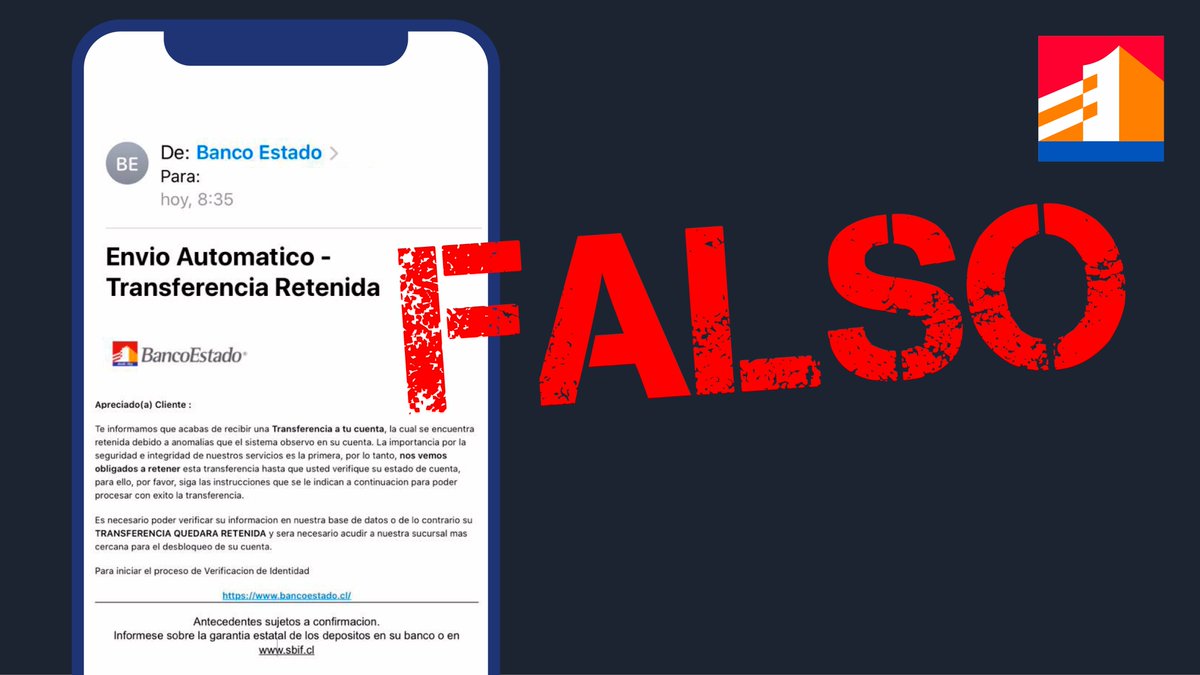 ⚠️¡Atentos! 
Está circulando un mail donde te alertan de una supuesta transferencia retenida, y debes ingresar a un enlace para verificar información.
Es FALSO❗
Recuerda ¡nunca enviaremos mail o SMS con links!
Más recomendaciones en queatinotepase.cl #BancoEstado10xcient