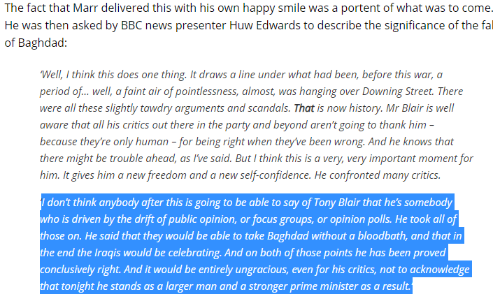 7/ "April 9, 2003. US troops had just reached central Baghdad...Andrew Marr, then BBC News political editor.."Great outfit  @medialens . Hope Twitter doesn't "cancel" them https://www.medialens.org/2016/the-great-iraq-war-fraud/