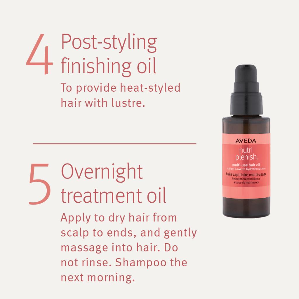 AvedaCanada's tweet photo. With 5 ways to use it, Nutriplenish Multi-Use Hair Oil is the do-it-all super-product your hair care collection needs. 

Pair up your favorite uses, or the ones your hair needs the most, to create your signature oil rituals.

Swipe to discvoer more. https://t.co/WHatWbfzzK https://t.co/b0kDL8npfj